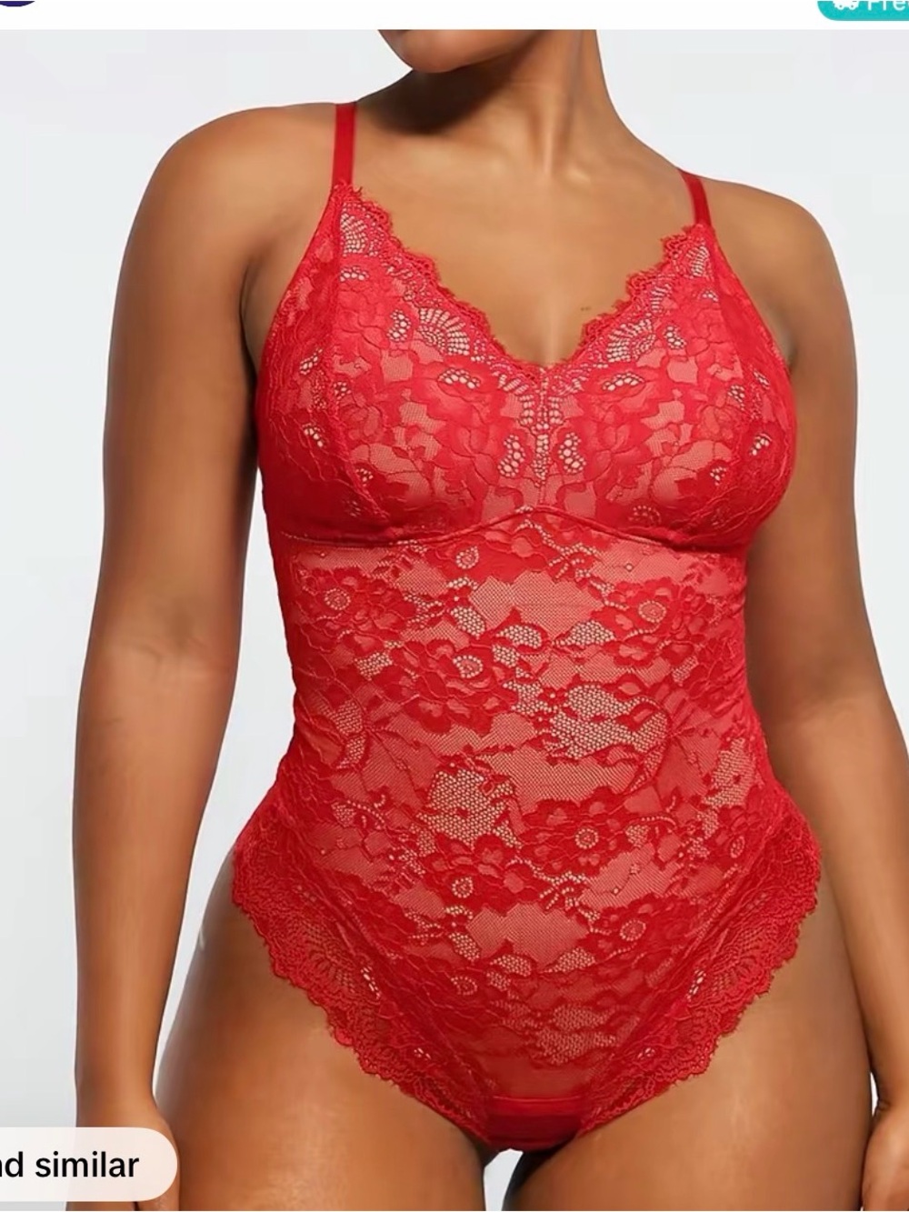 Red Lace V-Neck Bodysuit Shapewear - Lace Teddy for Women